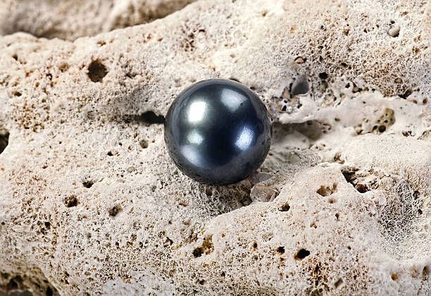 Large black Tahitian pearl on white coral. Bracelet Bronzite/Pierre de lave